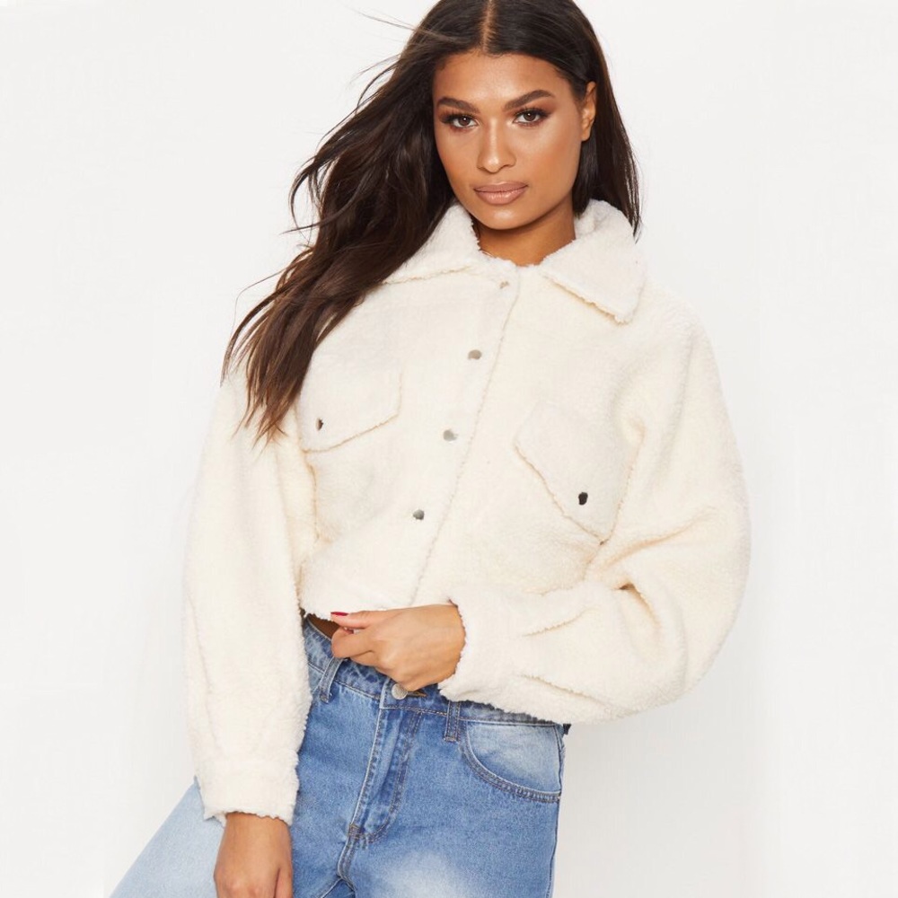 Cream cropped teddy trucker jacket